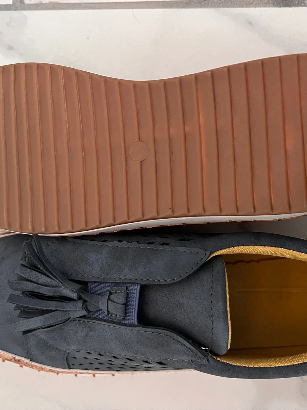 Women’s Orthoback Navy Tassel Slip-On Loafers with Mustard Lining